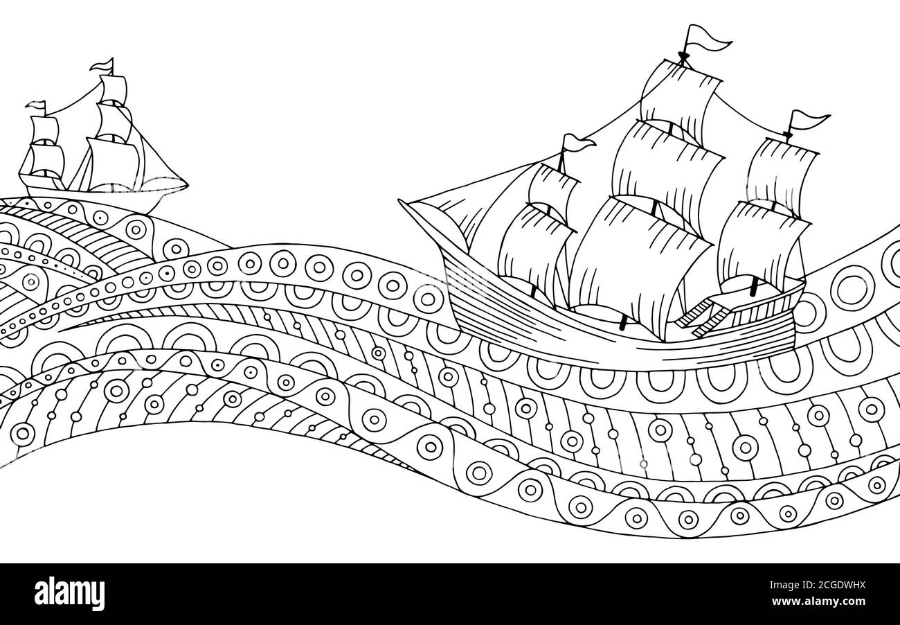 Schiff Wellen schwarz weiß Grafik abstrakt Doodle Muster Skizze Illustration vektor Stock Vektor