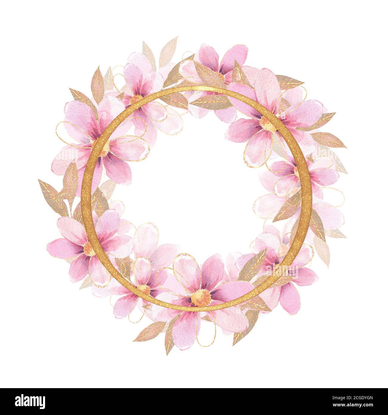 Blumenrahmen. Ein Kranz aus rosa Aquarellblumen Stockfoto