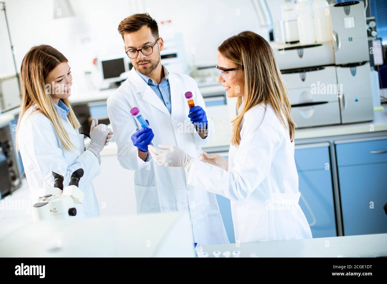 Junge Forscher analysieren chemische Daten im Labor Stockfoto