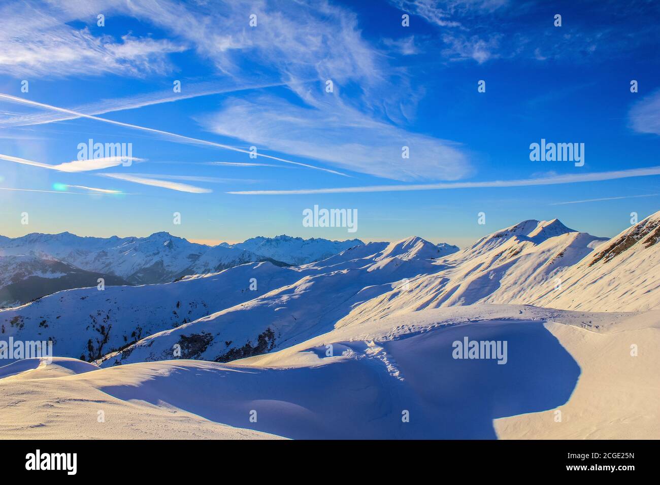 Blick auf das Skigebiet Paradiski La Plagne, Französische Alpen Stockfoto