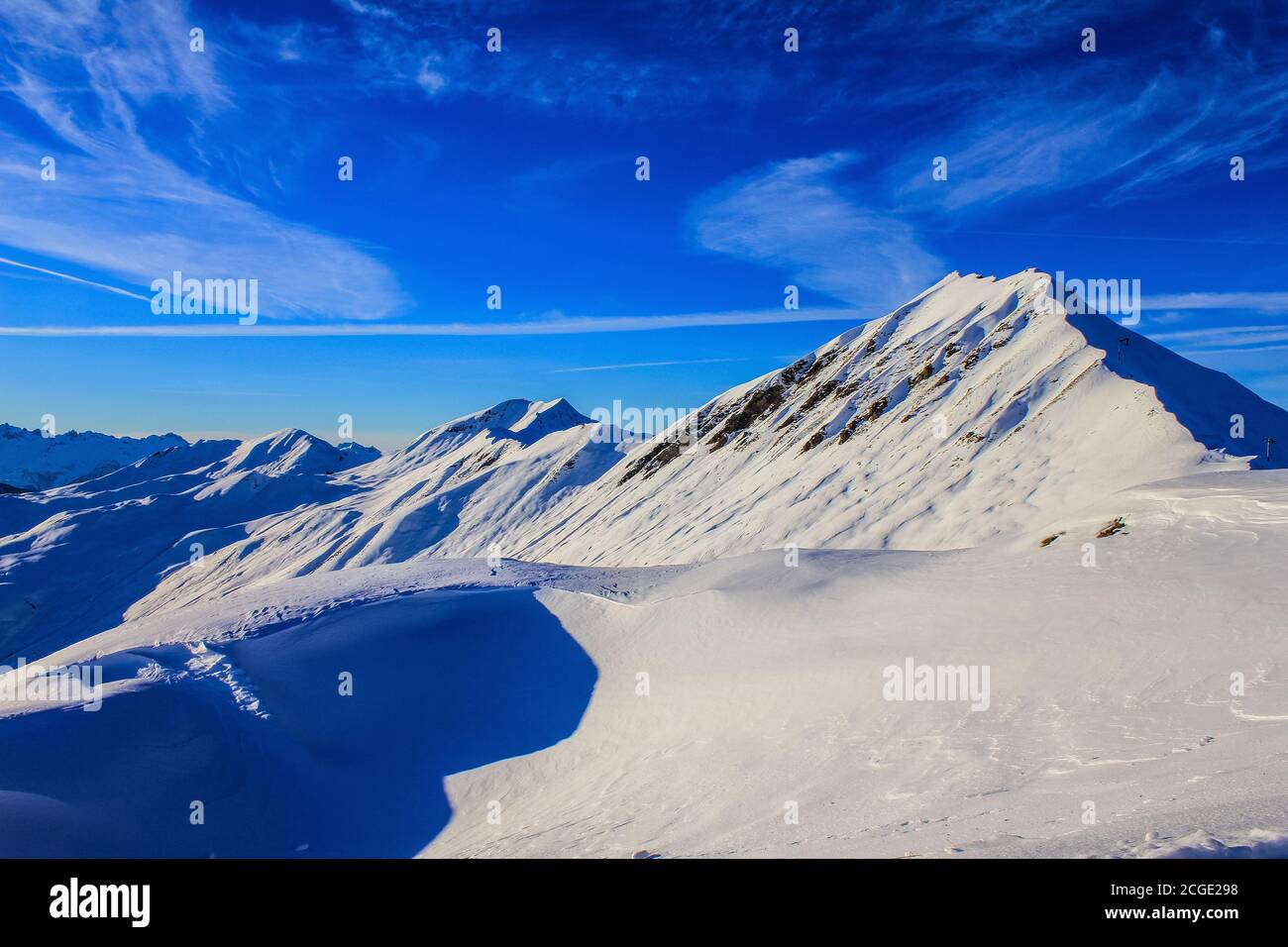 Blick auf das Skigebiet La Plagne, Frankreich Stockfoto
