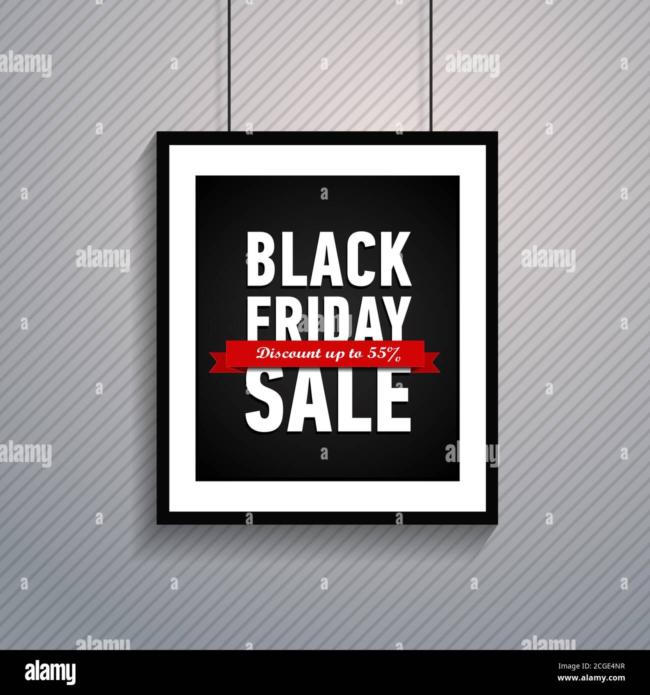 Black friday Sale Poster in Rahmen hängen an Seilen. Trendiges Shopping-Banner auf gestreiftem Hintergrund. Beschriftung auf einem roten Band - Rabatt bis zu 55. Stock Vektor