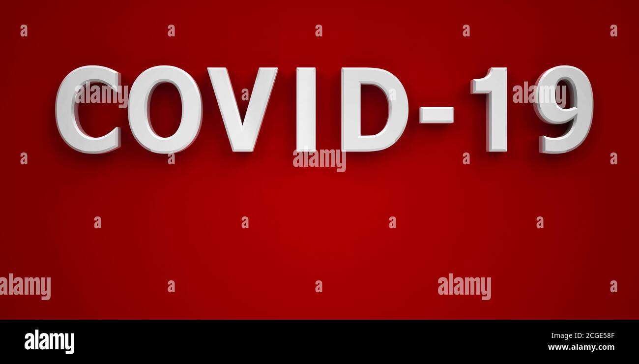 Weiße Buchstaben von COVID-19 auf rotem Hintergrund, stellt die neue pandemische Coronavirus-Krankheit 2019 namens COVID-19 dar, dreidimensionales Rendering, 3D-Ilu Stockfoto
