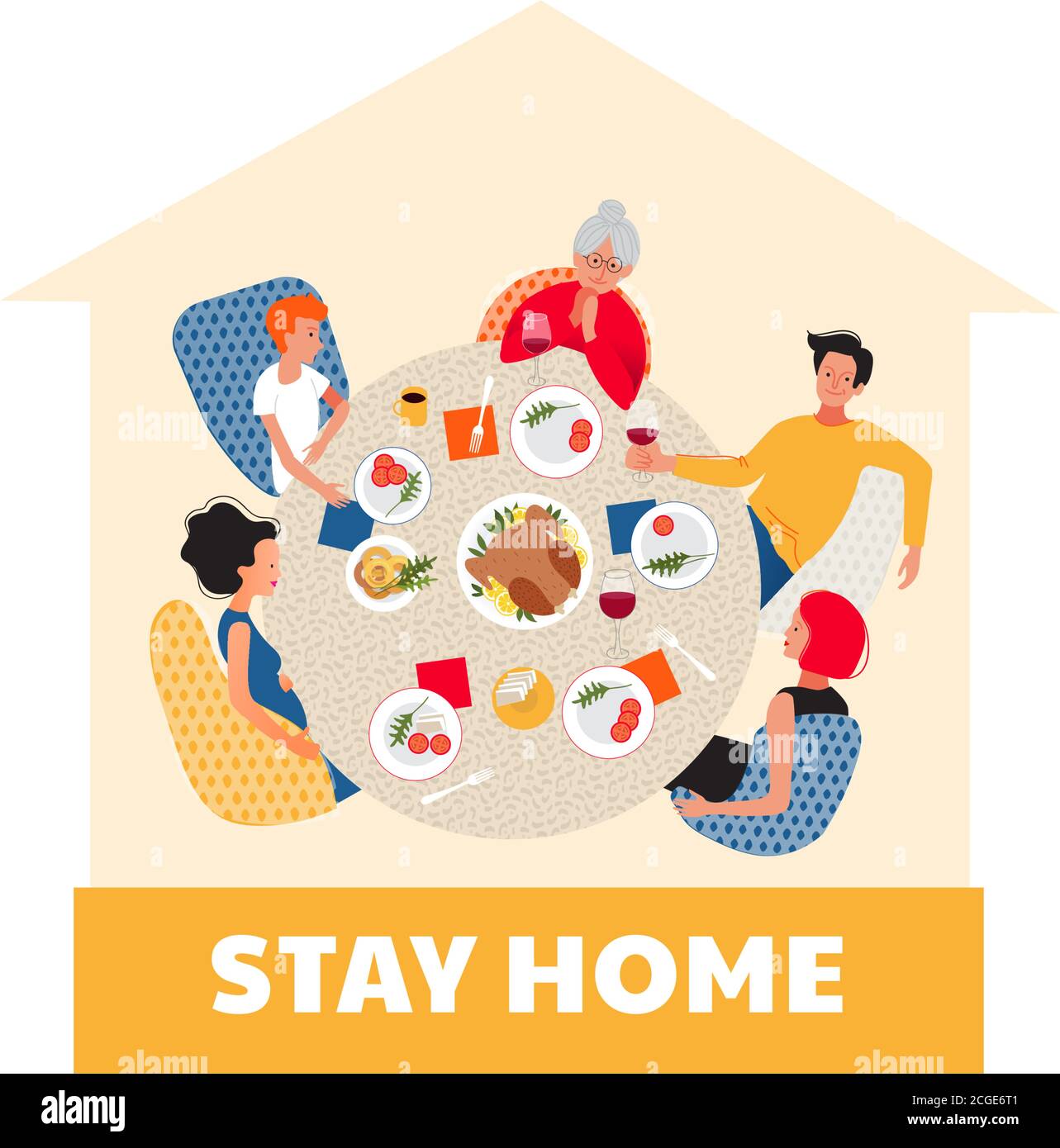 Bleib zu Hause. Sperre. Abendessen mit Großfamilie. Familie um den Tisch während der Quarantäne Stock Vektor