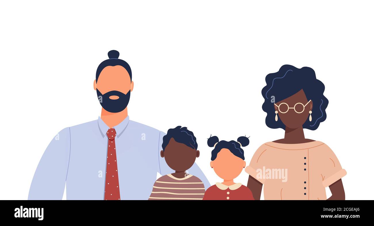 Happy cute internationale Familienportrait von afroamerikanischen Menschen Eltern: Vater und Mutter und Kinder.Familie von vier Mitgliedern Stockfoto