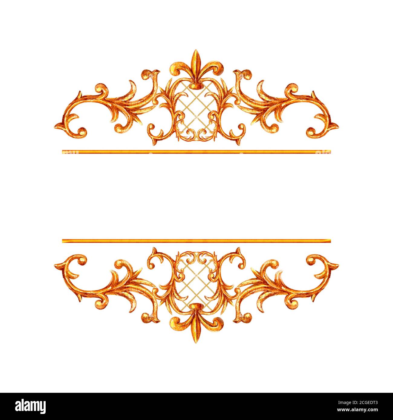 Gold Ornament barocken Stil Element Vignette. Aquarell handgezeichnet vintage Gravur floral scroll filigrane Rahmen Design Muster. Goldenes Aquarell Stockfoto