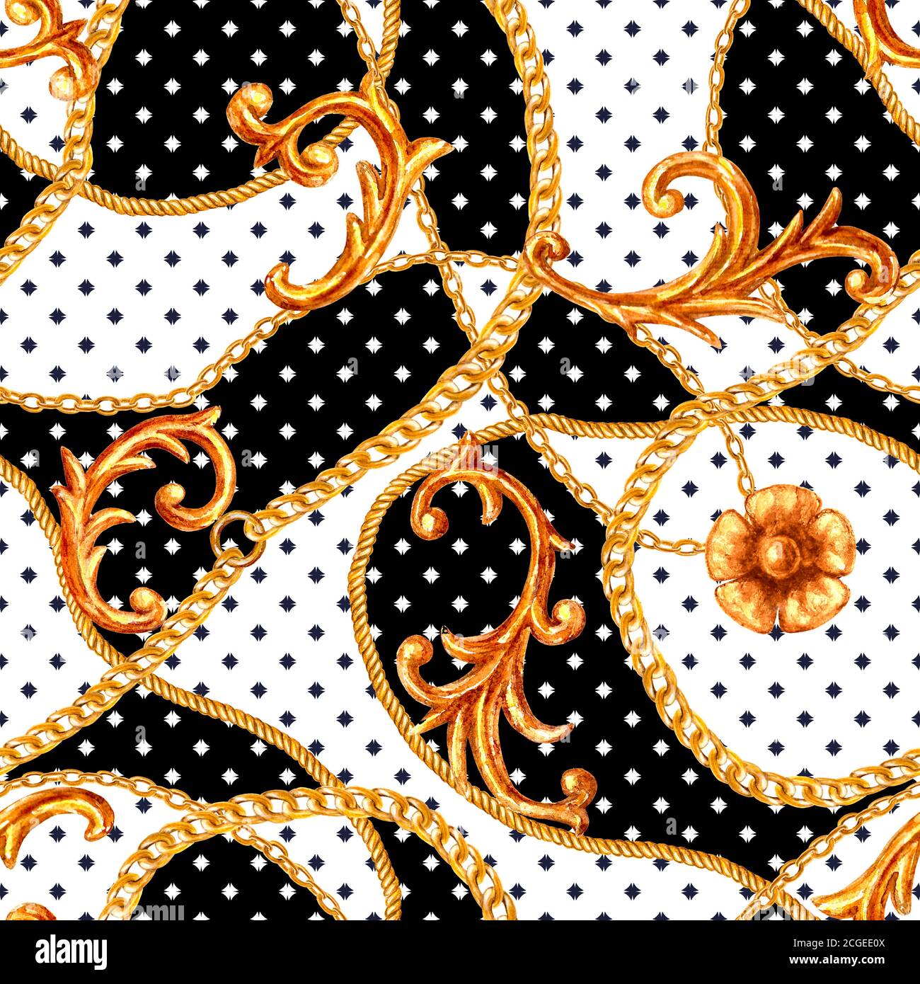 Barocke goldene Elemente Nahtloses Muster. Aquarell handgezeichnete Gold-Textur auf schwarzem und weißem Polka-Punkt-Hintergrund. Aquarell-Vintage-Druck Stockfoto