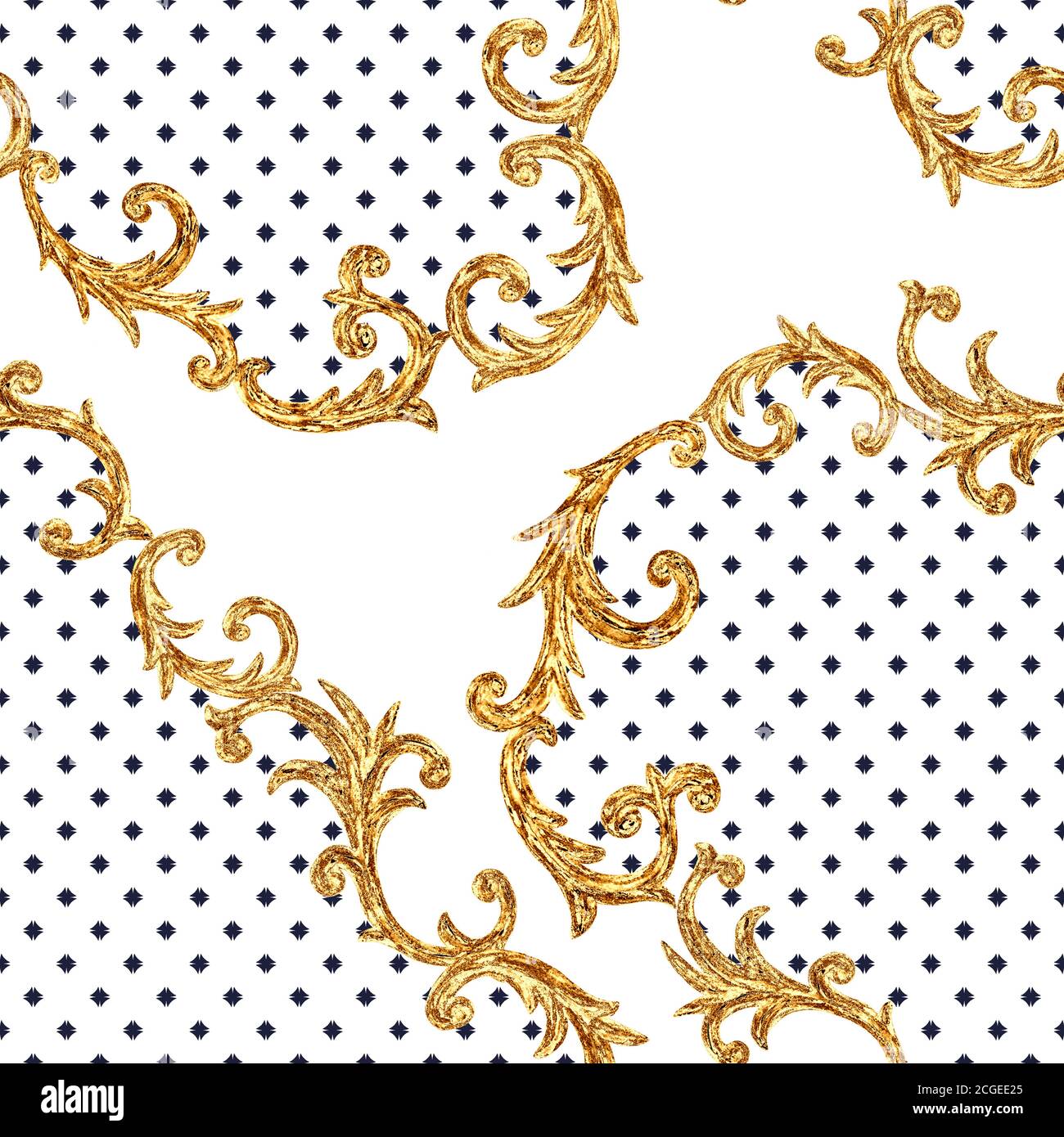 Barocke goldene Elemente Nahtloses Muster. Aquarell handgezeichnete Gold-Textur auf schwarzem und weißem Polka-Punkt-Hintergrund. Aquarell-Vintage-Druck Stockfoto