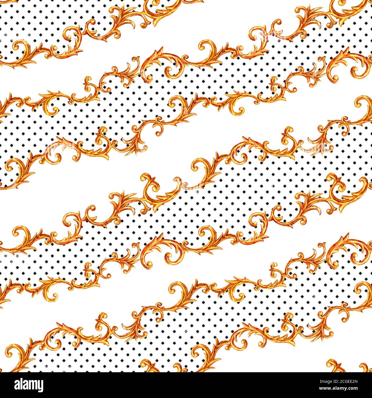 Barocke goldene Elemente Nahtloses Muster. Aquarell handgezeichnete Gold-Textur auf schwarzem und weißem Polka-Punkt-Hintergrund. Aquarell-Vintage-Druck Stockfoto
