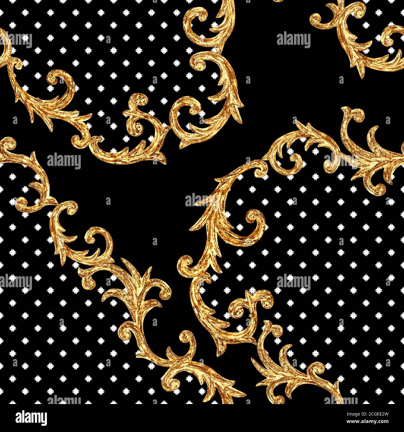 Barocke goldene Elemente Nahtloses Muster. Aquarell handgezeichnete Gold-Textur auf schwarzem und weißem Polka-Punkt-Hintergrund. Aquarell-Vintage-Druck Stockfoto