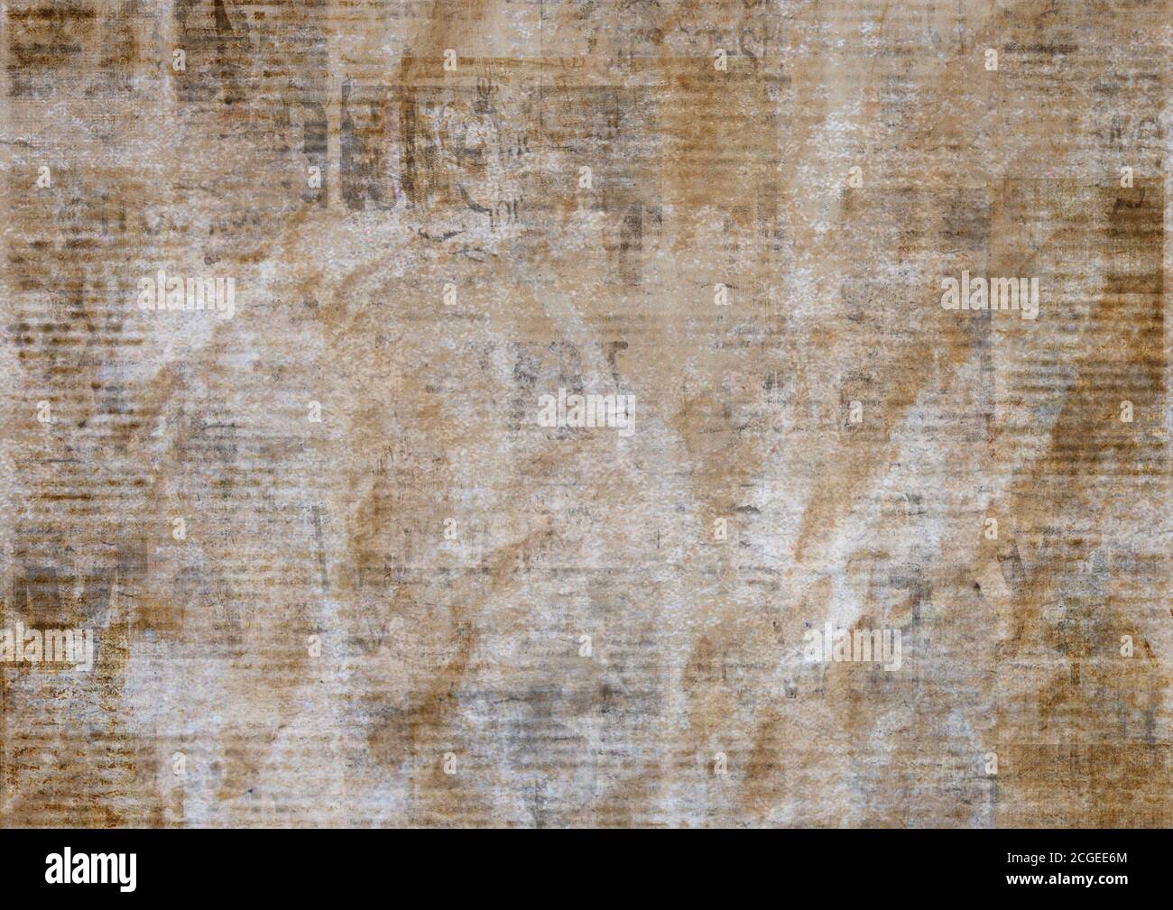 Vintage Grunge zerknittert Papier Textur Hintergrund. Verschwommene alte Zeitungsstruktur. Eine unleserliche Seite für veraltete Zeitungen mit Textort. Braun bei Stockfoto