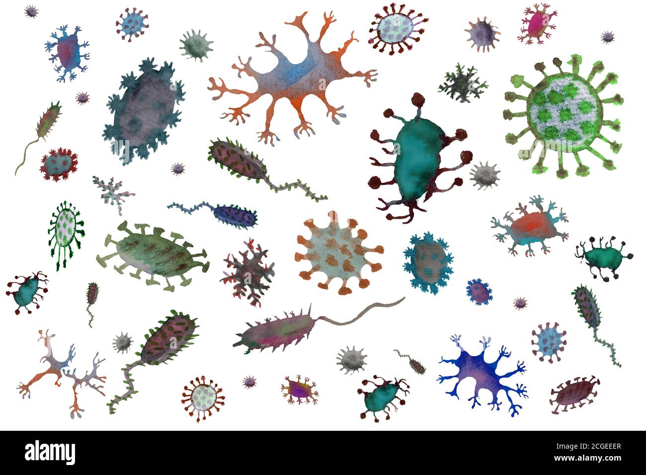 Abbildung eines Bakteriums unter dem Mikroskop auf schwarzem Hintergrund. Mikroben und Viren verschiedener Formen und Farben isolieren. Bakterienzellen, m Stockfoto