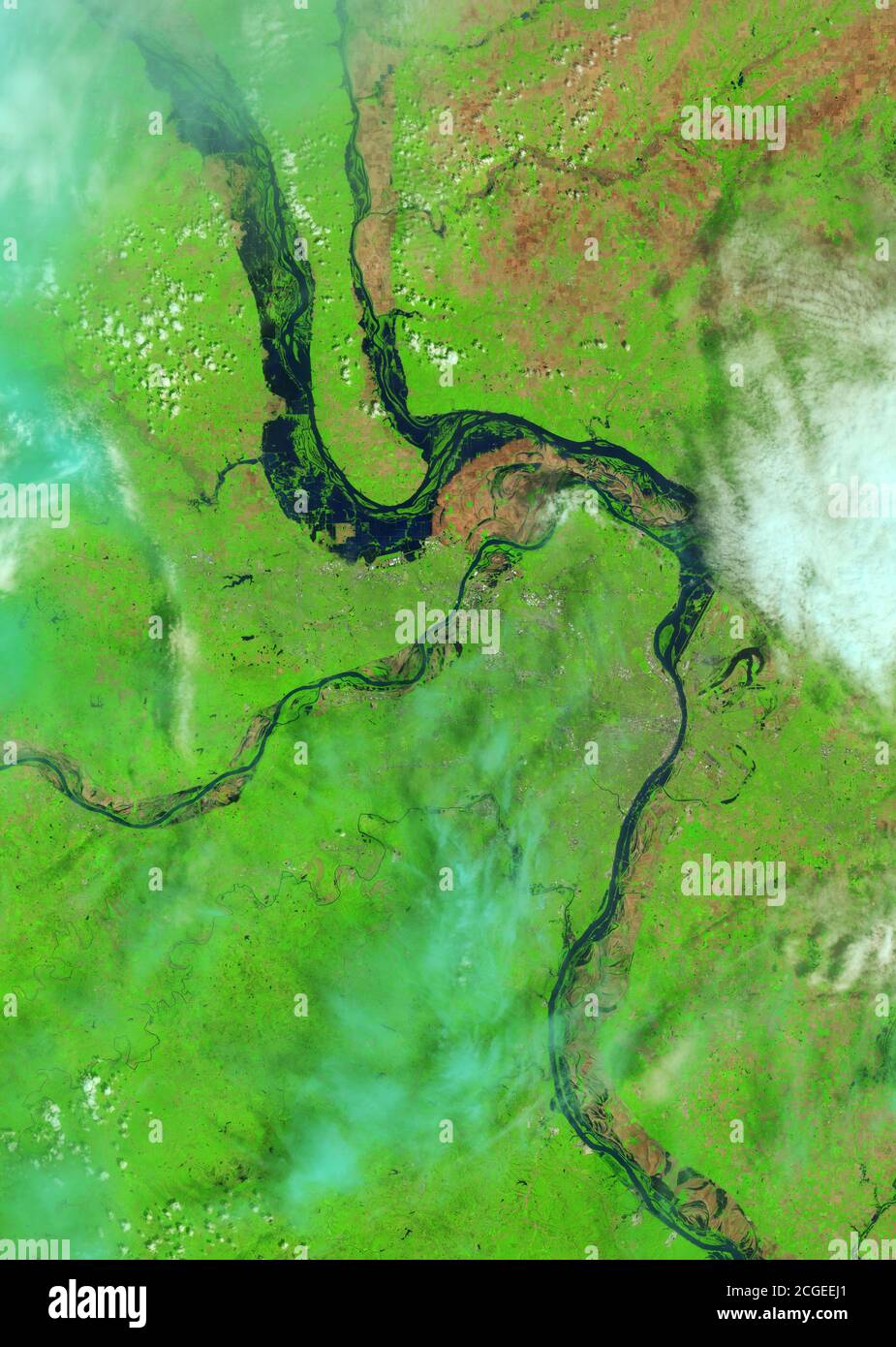 Satellitengestützte Ansicht der Überschwemmung auf dem Mississippi Fluss im Jahr 2009 Stockfoto