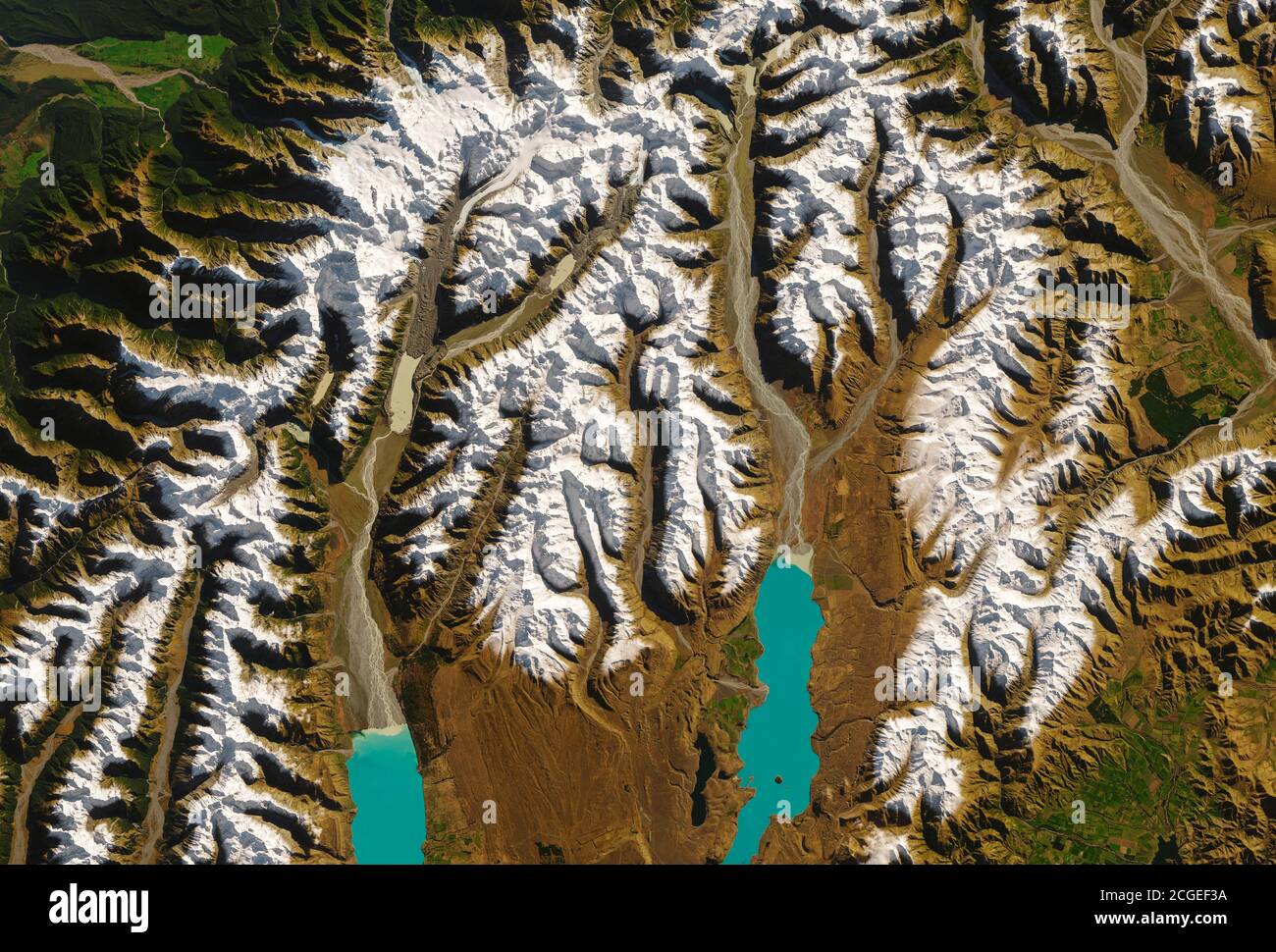 Gletscherfluss in Lake Tekapo und Lake Pukaki, Südinsel, Neuseeland. Der Godley River speist Lake Tekapo. Mit Schmelzwasser aus der Classen, Gray, Stockfoto