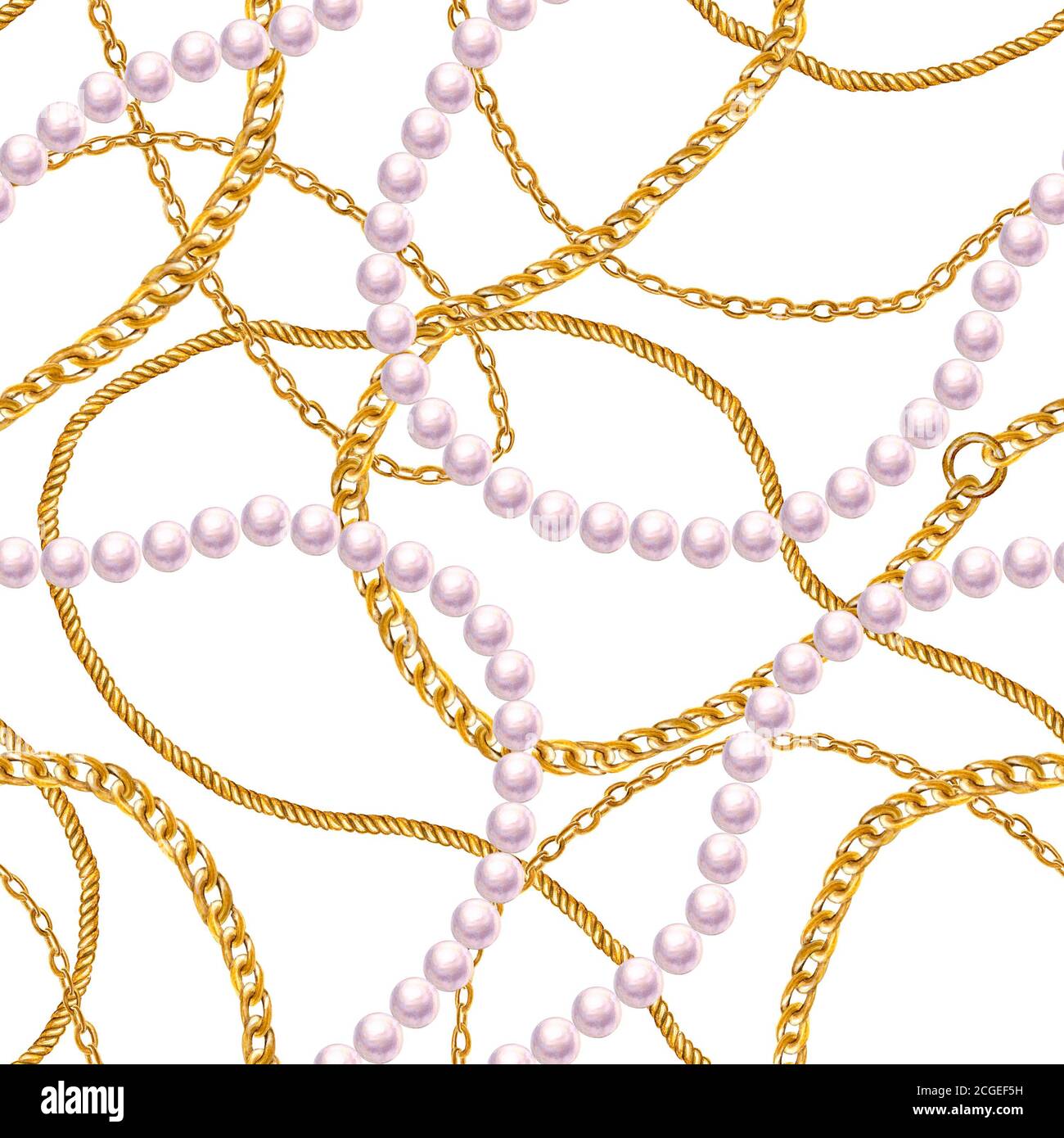 Goldene Kette nahtlose Musterillustration. Aquarell handgezeichnete Mode-Textur mit goldenen Ketten, Perlenkette auf weißem Hintergrund. Aquarell Stockfoto