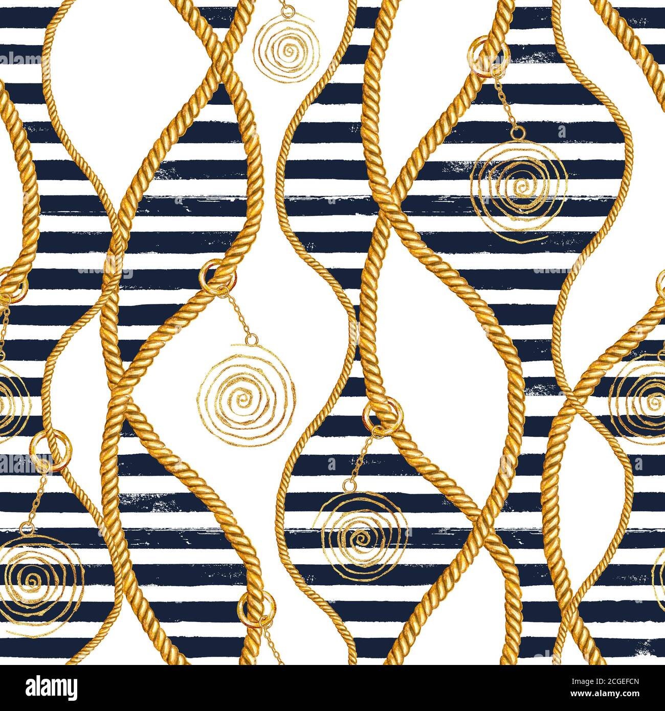 Nahtloses Muster Meer nautische Illustration. Aquarell handgezeichnete Mode-Textur mit Seilen und grunge navy Streifen auf weißem Hintergrund. Aquarell Stockfoto