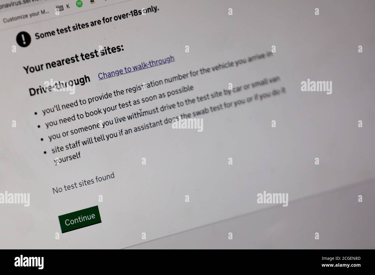 Gov.uk Webseite zeigt keine Testseiten auf nationaler Ebene am Donnerstag, den 10. September 2020. Stockfoto