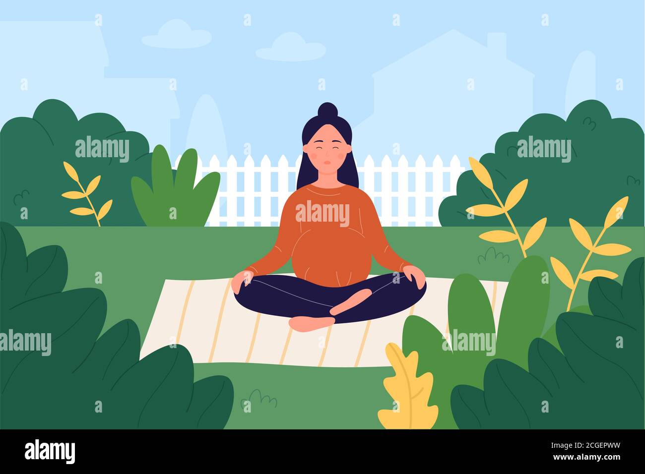 Pränatale Yoga-Vektor-Illustration. Cartoon schwangere Frau Charakter kümmert sich um die geistige und körperliche Gesundheit, tun Lotus Yoga Asana Pose im Garten, Schwangerschaft gesunde Lebensweise Workout Hintergrund Stock Vektor