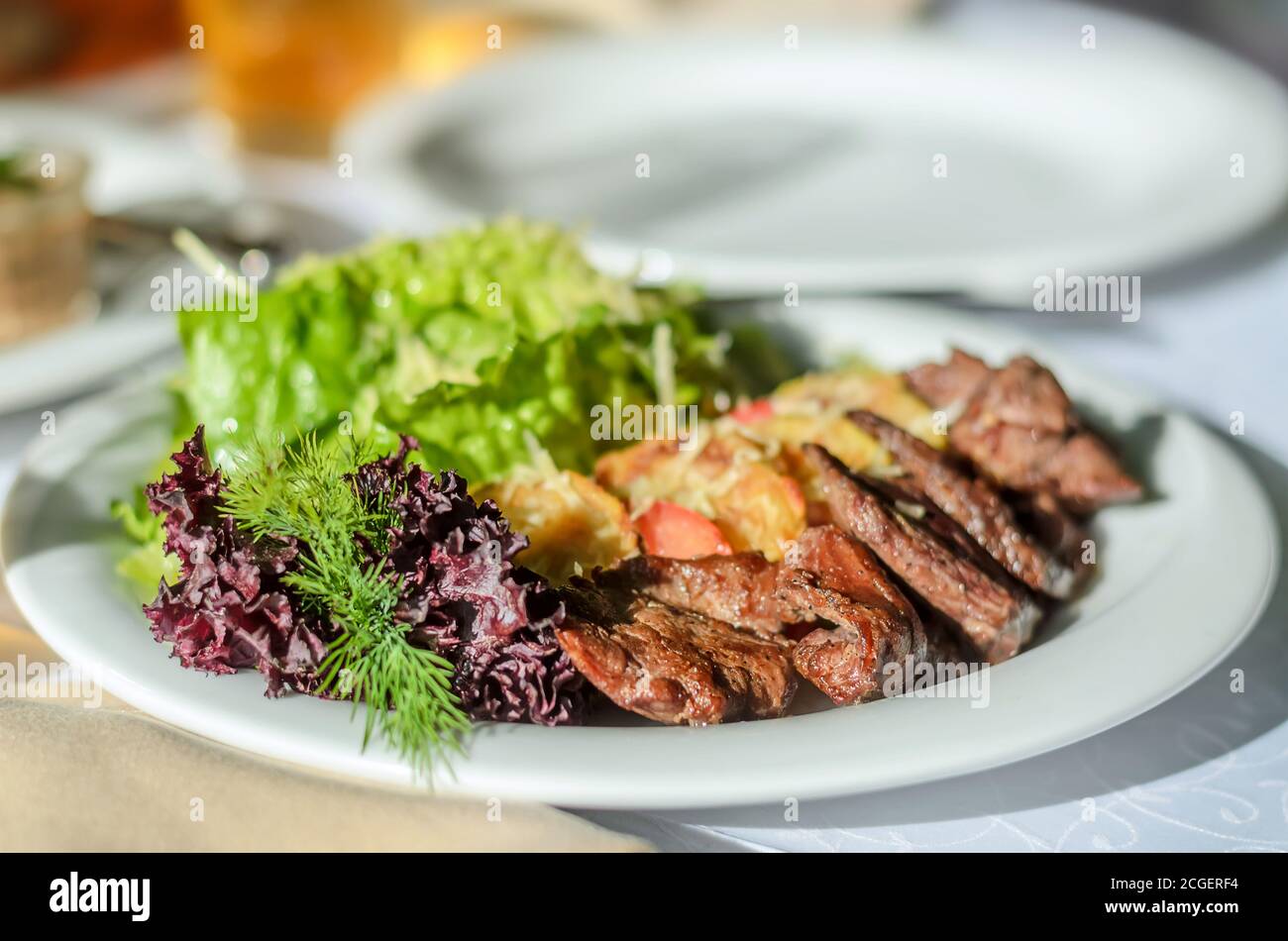 Gebratenes Fleisch mit Garnierung und frischen Salatblättern auf einem weißen Teller. Nahaufnahme, selektiver Fokus Stockfoto