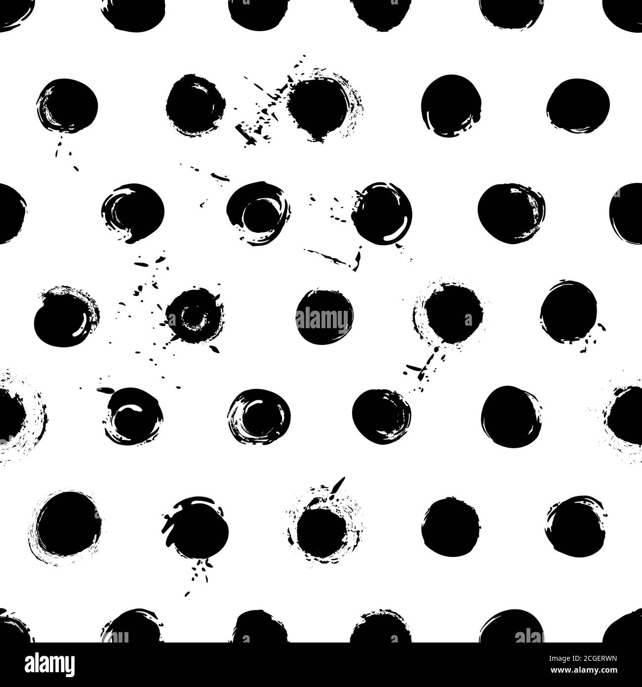 Nahtloses Hintergrundmuster, mit Kreisen/Punkten, Konturen und Spritzern, schwarz und weiß Stock Vektor