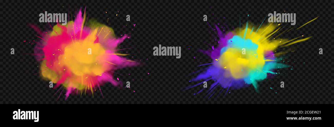 Pulver Holi malt bunte Wolken oder Explosionen, Tintenspritzer, dekorative lebendige Farbstoff für Festival isoliert auf transparentem Hintergrund, traditionelle indische Urlaub. Realistische 3d-Vektordarstellung Stock Vektor