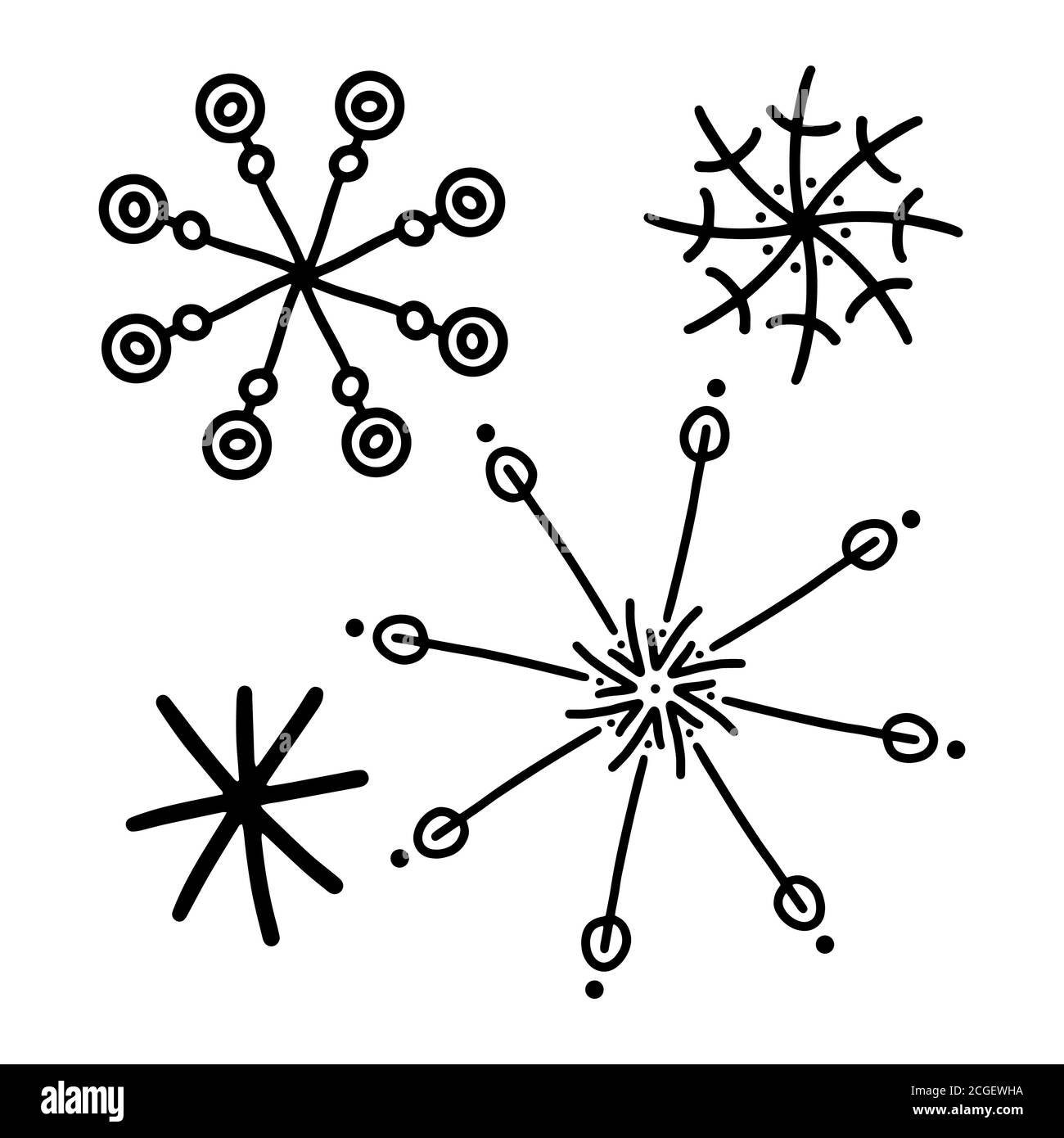Set von handgezeichneten Schneeflocken. Isoliert auf weißem Hintergrund. Stock Vektor