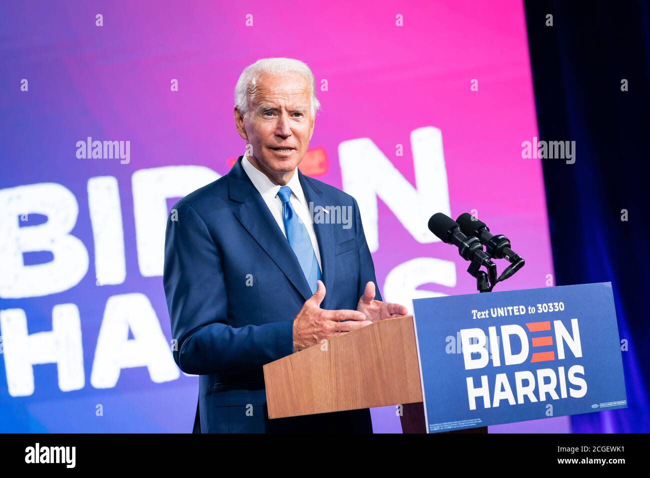 WILMINGTON, PA, USA - 02. September 2020 - der demokratische US-Präsidentschaftskandidat Joe Biden bei einer Pressekonferenz zum Thema "über die Wiedereröffnung der sicheren Schule" in Stockfoto