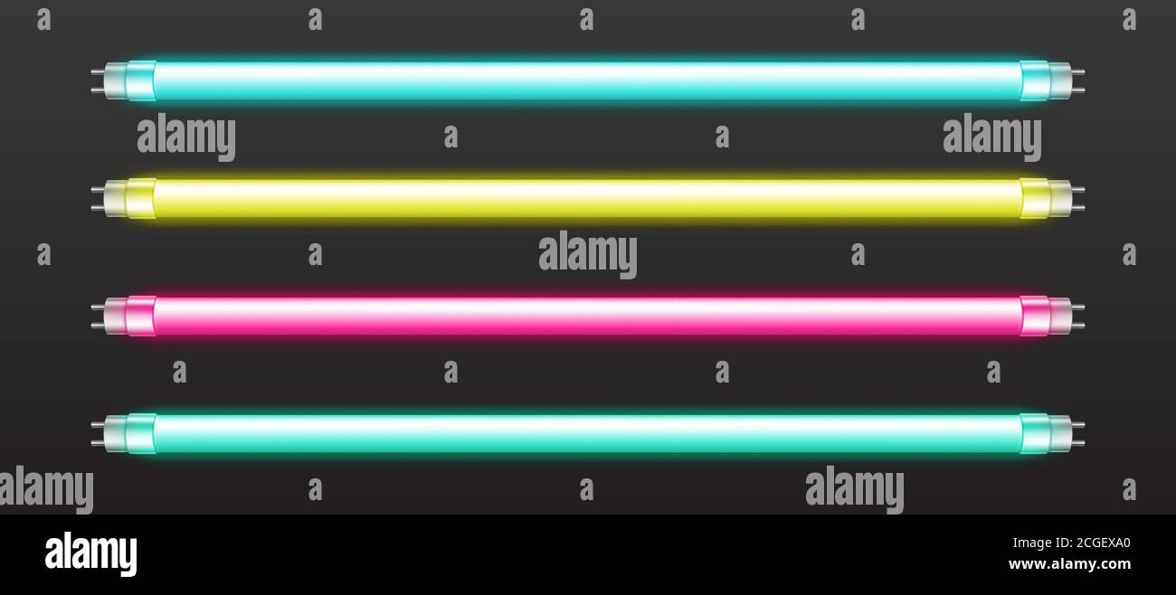 Farbe Neonröhren Lichter isoliert auf dunklem Hintergrund. Vector realistische Satz von Leuchtstofflampen, leuchtend blau, rosa, gelb und grün Linie Rand. Halogenlampen für Nachtclub Stock Vektor