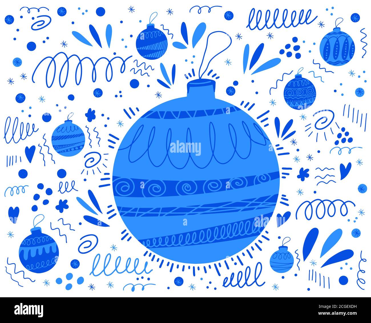 Doodle Muster Hintergrund mit blauen weihnachtsbaum Spielzeug und abstrakte Elemente. Illustration für Drucke, Grußkarten, Stoff. Isoliert auf Weiß Stock Vektor