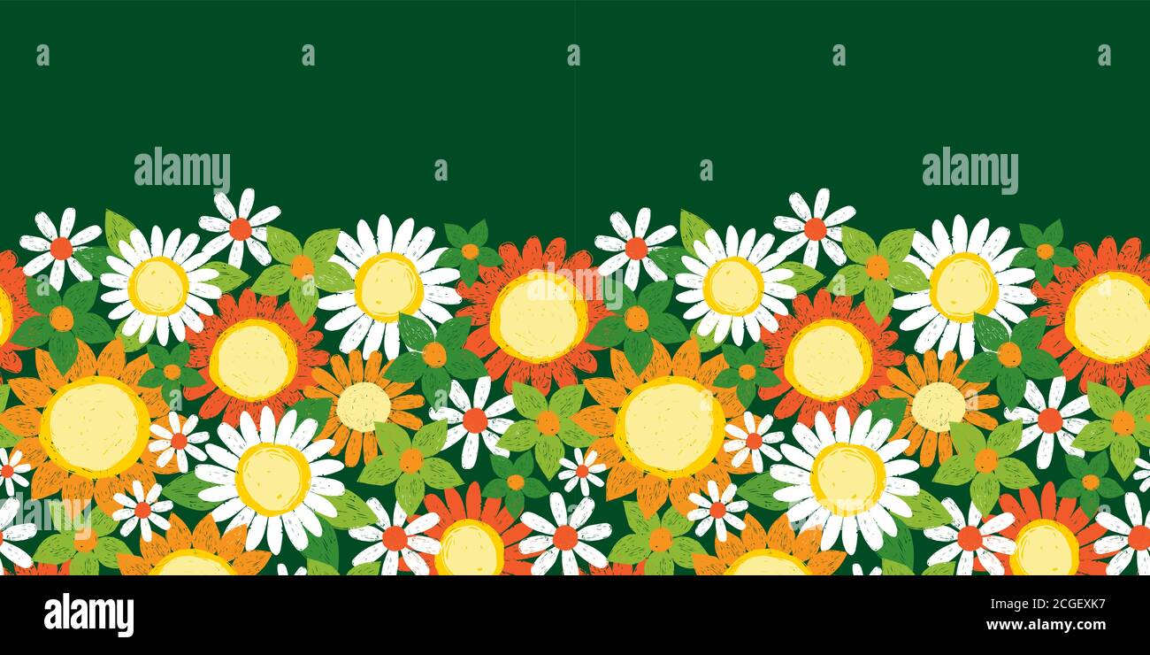 Vektor bunte überlappende texturierte Sonnenblumen und Gänseblümchen Stift Skizze horizontalen Rand Muster. Geeignet für Grußkarten, Poster und Banner. Stock Vektor