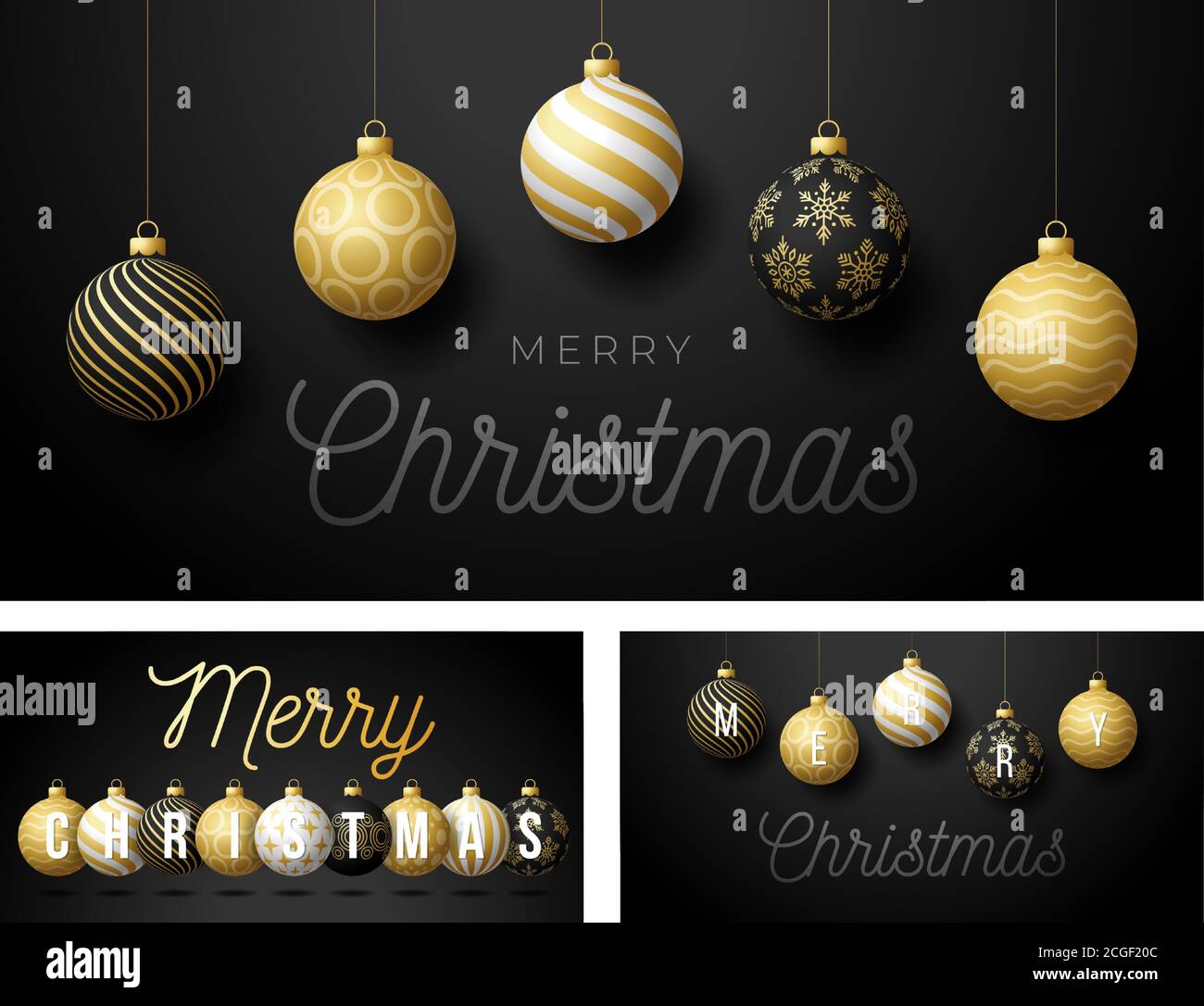 Set von Luxus Weihnachten und Neujahr horizontale Grußkarte mit Baumkugeln. Weihnachtskarte mit verzierten schwarz-weißen realistischen Kugeln auf schwarzem Mod Stock Vektor