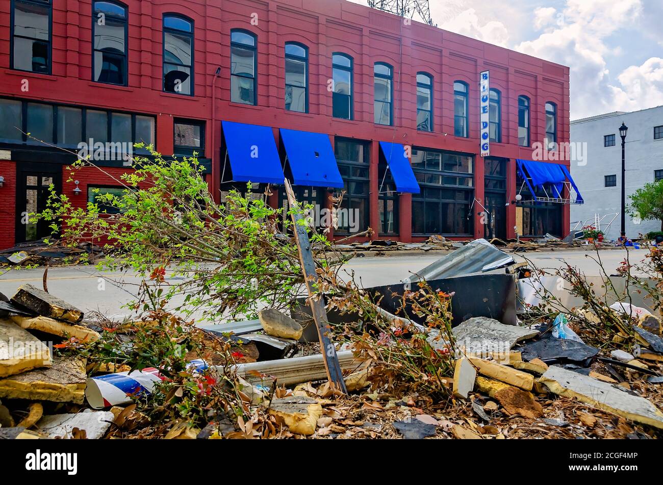 Trümmer vom Hurrikan Laura liegt auf der Straße vor dem Blue Dog Cafe, 9. September 2020, in Lake Charles, Louisiana. Stockfoto