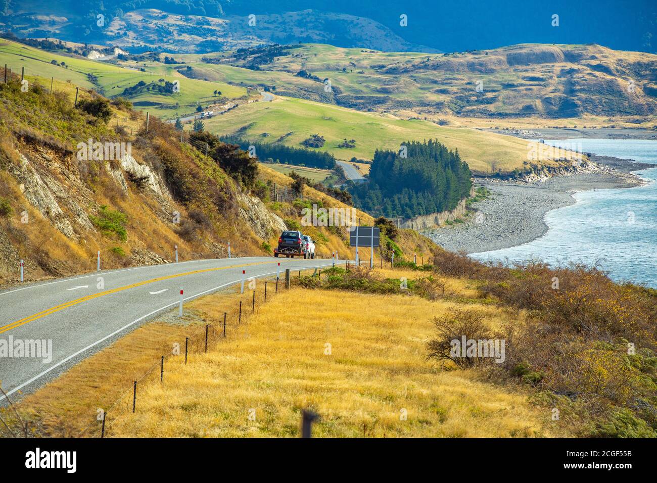 Spektakuläre Aussicht auf Peter's Lookout, mit Blick auf Mount Cook und Lake Pukaki in Neuseeland. Stockfoto