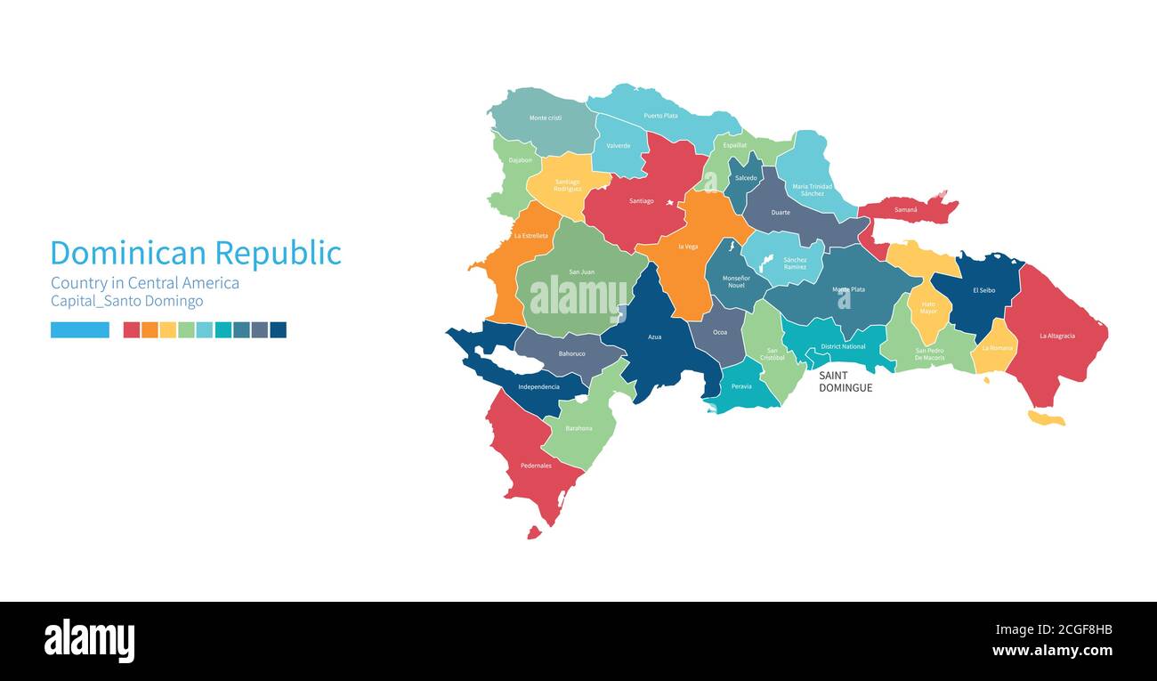 Dominikanische republik Karte. Farbenfrohe detaillierte Vektorkarte des zentralamerikas, karibisches Land. Stock Vektor