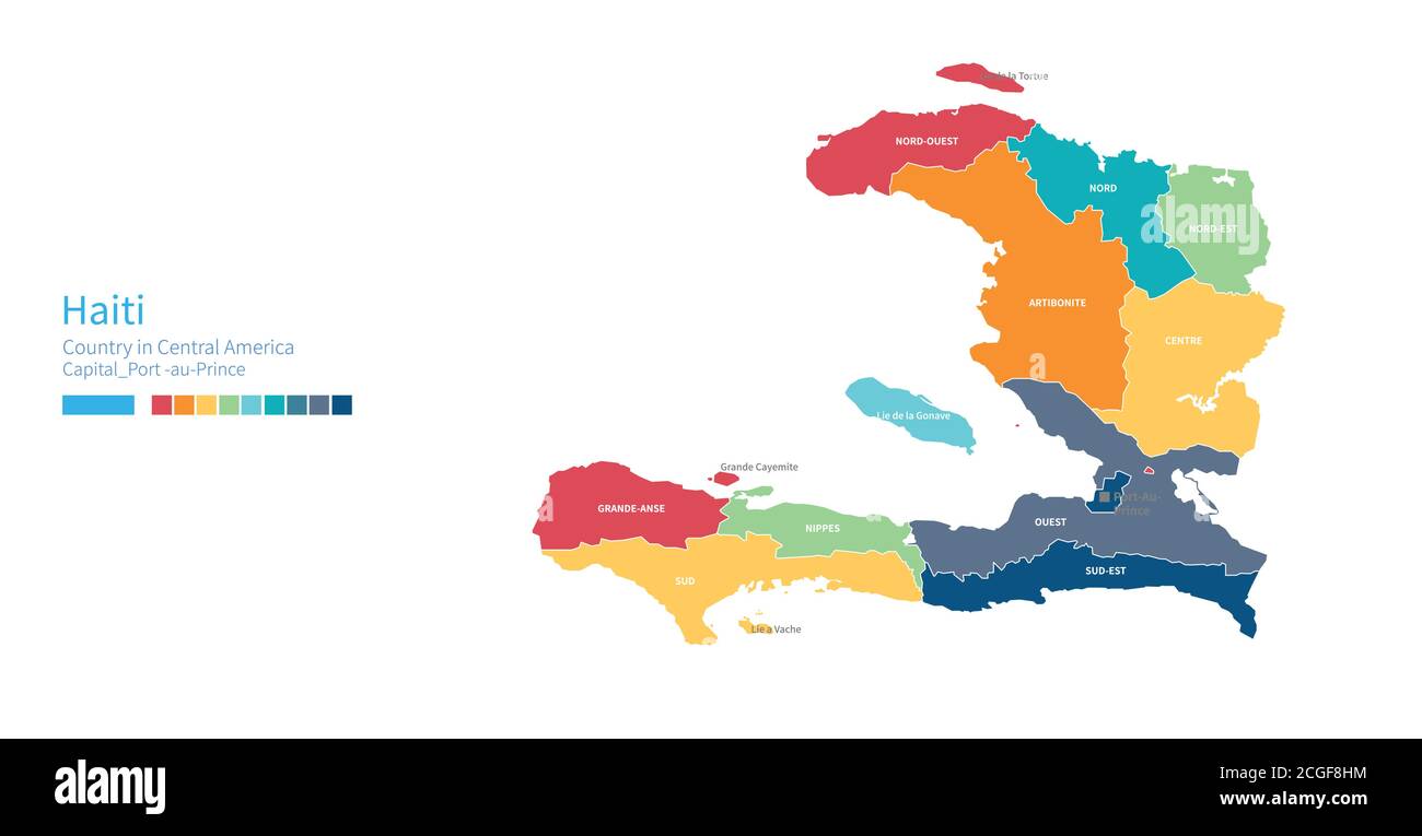 Haiti-Karte. Farbenfrohe detaillierte Vektorkarte des zentralamerikas, karibisches Land. Stock Vektor