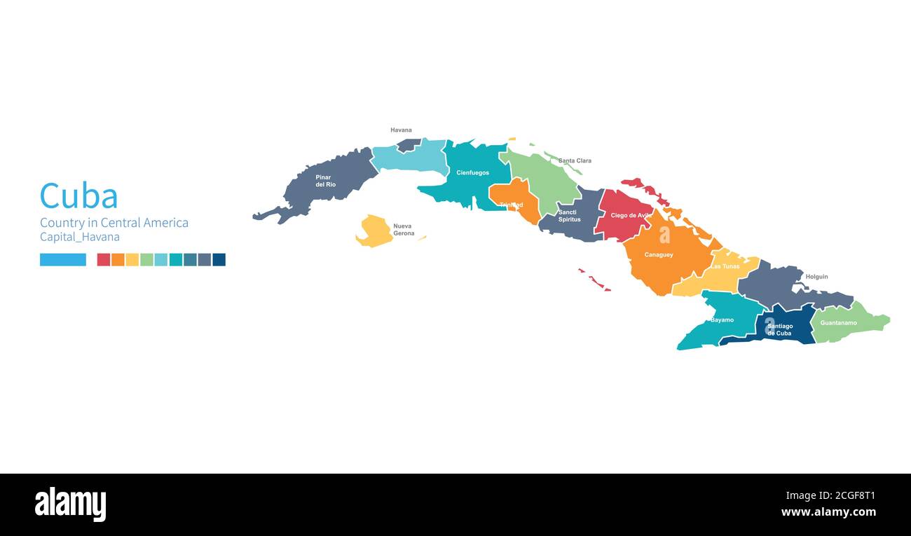 Kuba-Karte. Farbenfrohe detaillierte Vektorkarte des zentralamerikas, karibisches Land. Stock Vektor