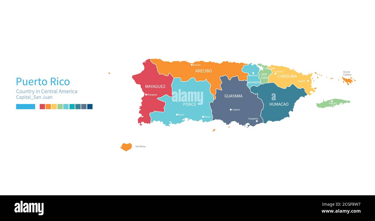Puerto rico-Karte. Farbenfrohe detaillierte Vektorkarte des zentralamerikas, karibisches Land. Stock Vektor