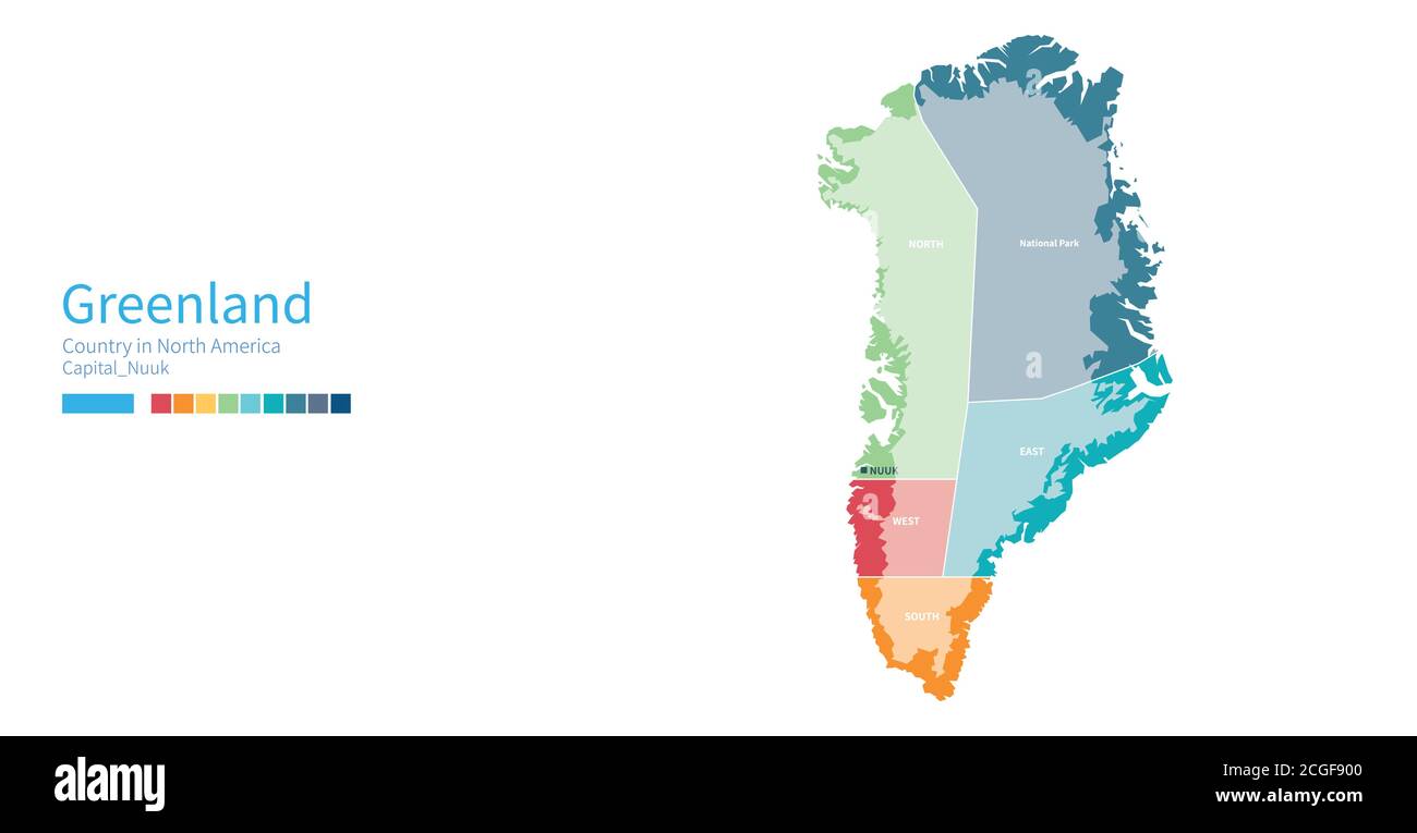 Grönlandkarte. Farbenfrohe detaillierte Vektorkarte des nordamerikanischen Landes. Stock Vektor
