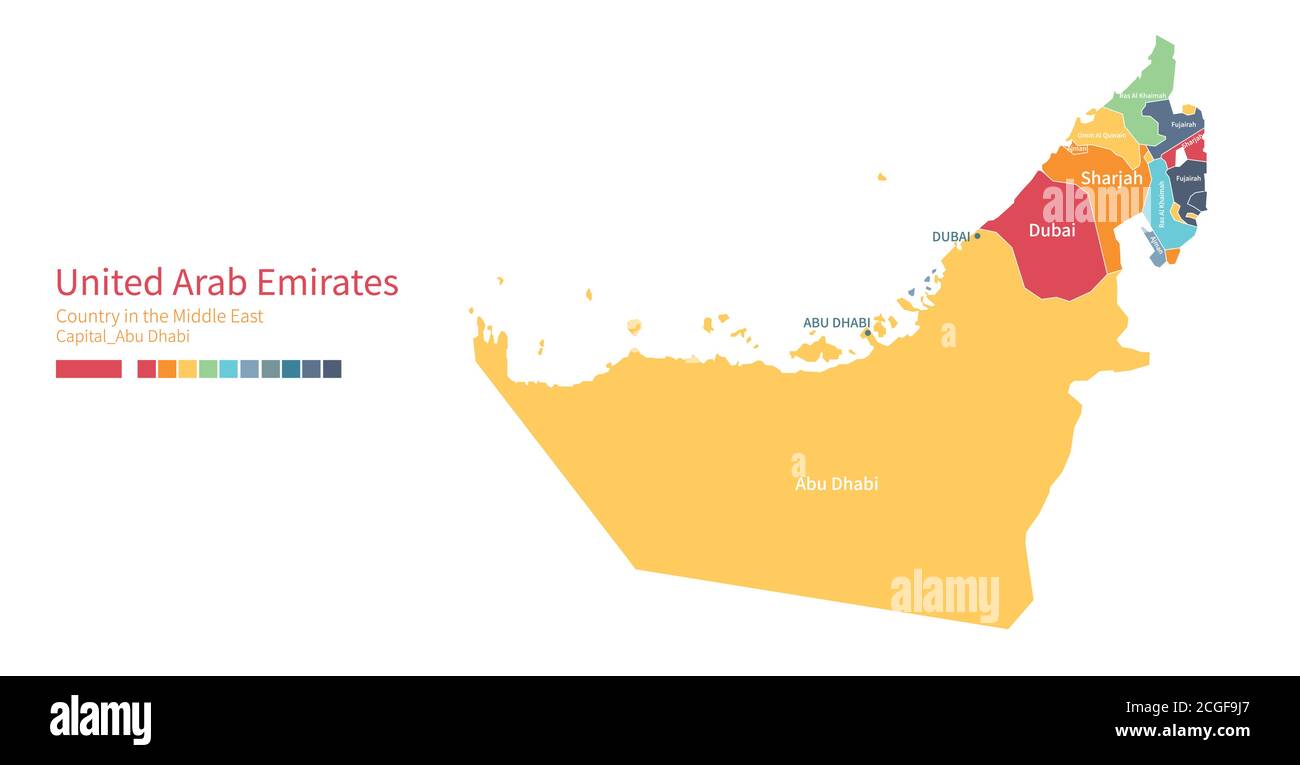 UIAE-Karte. Farbenfrohe detaillierte Vektorkarte des Nahost-Landes. Stock Vektor