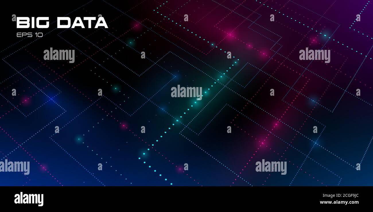 Big-Data-Visualisierung. Futuristischer Hintergrund mit Spuren von leuchtenden Dateneinheiten. Ströme von mehrfarbigen Partikeln. Tiefenschärfe Konzept von Stock Vektor