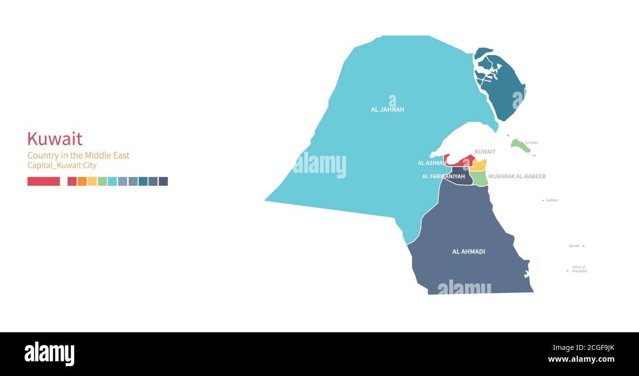 Kuwait-Karte. Farbenfrohe detaillierte Vektorkarte des Nahost-Landes. Stock Vektor