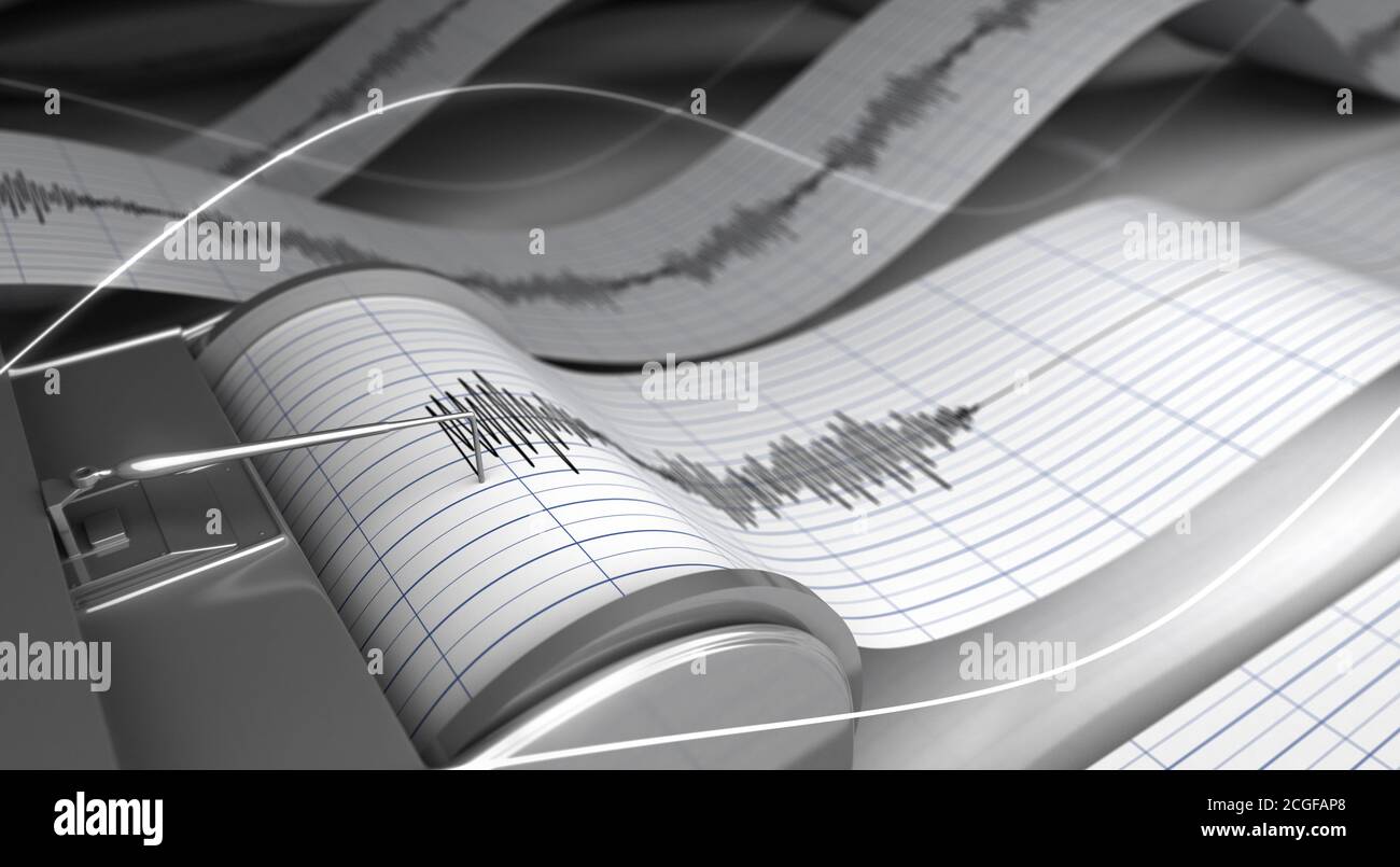 Eine Aufzeichnung seismischer Wellen, die durch Erdbeben verursacht wurden. 3D-Rendering. Stockfoto