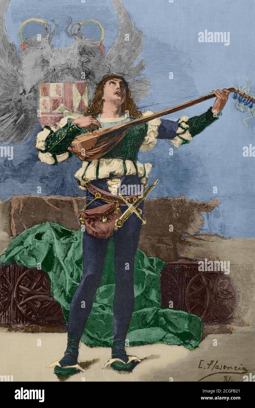 Trovadores. Músicos y poetas medievales. Actuaban en las cortes señoriales europeas. „UN trovador“. Grabado a partir de una acuarela de Castro Plasencia. Coloreado. La Ilustración Española y Americana, 30. April 1884. Stockfoto