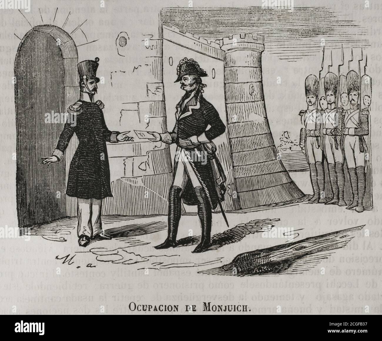 España. Cataluña. ocupación francesa. Tropas del ejército francés, al mando del General Duhesme se dirigieron a Barcelona, con el pretexto de pasar por la ciudad durante su camino a Valencia. Ära el capitán General de Cataluña, el conde Ezpeleta. Los franceses entraron el 13 de febrero de 1808. Montjuich y la ciudadela quedaron en manos de la guarnición española. Duhesme, solicitó alternar sus tropas con las españolas en la puerta de la ciudadela. El capitán General Ezpeleta accedió a ello. Los franceses aprovecharon la ocasión para ocupar la misma el 29 de febrero de 1808 durante un cambio de Stockfoto