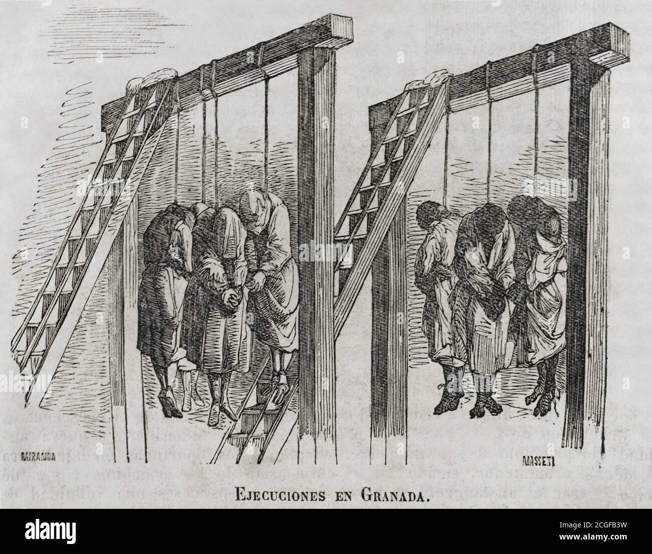 España. Invasión napoleónica. Levantamiento de Granada por la presencia de soldados franceses en España. Asesinatos de Pedro Trujillo y de Bernabé Portillo (22-23 de junio de 1808) en las calles de la ciudad. Don Pedro Trujillo, Antiguo gobernador de Málaga, vivía en Granada, para protegerlo se le arrestó el La Alhambra. Posteriormente se decidió trasladarlo a la cárcel de corte, pero al atravesar la Plaza Nueva de la ciudad de Granada la gente se amontonó, asesinándole a la entrada de la cárcel. SE achacó a tres personas de raza negra el asesinato, siendo condenados y ejecutados en la cárcel. Stockfoto