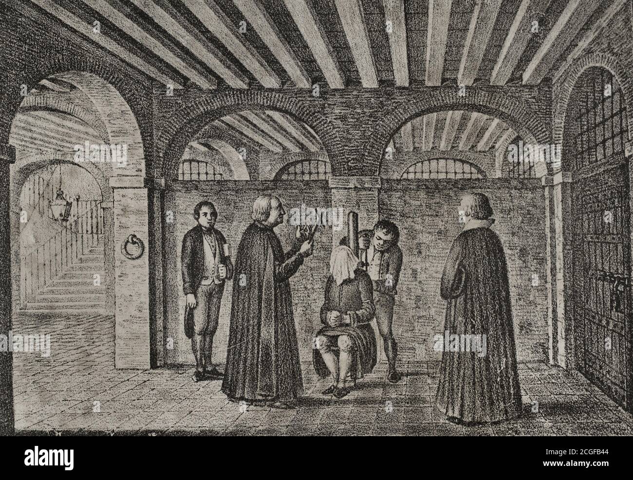 Guerra de la Independencia Española (1808-1814). Baltasar Calvo, canónigo de San Isidro de Madrid, llegó a Valencia el 1 de junio de 1808 convirtiéndose en el lider de la rebelión contra los franceses. Las autoridades valencianas habían recluido en la ciudadela a los franceses que vivían en Valencia, para protegerlos de repressalias o ataques por parte de la población. El canónigo Baltasar Calvo lideró el 5 de junio de 1808 una insurrección que conllevó al asesinato de tres centenares de franceses confinados en el lugar. El 7 de junio la Junta de Valencia decretó el arrestó del padre Cal Stockfoto