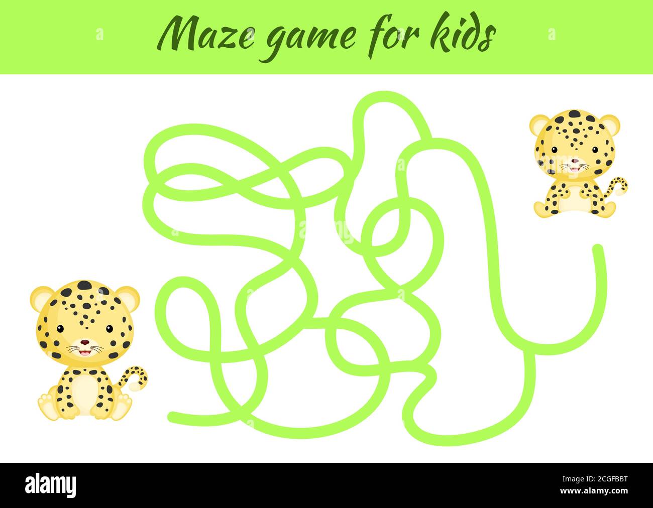 Lustige Labyrinth oder Labyrinth-Spiel für Kinder. Helfen Sie der Mutter, den Weg zum Baby zu finden. Arbeitsblatt zur Entwicklung von Schulungen. Aktivitätsseite. Cartoon jaguar Figuren. Stock Vektor