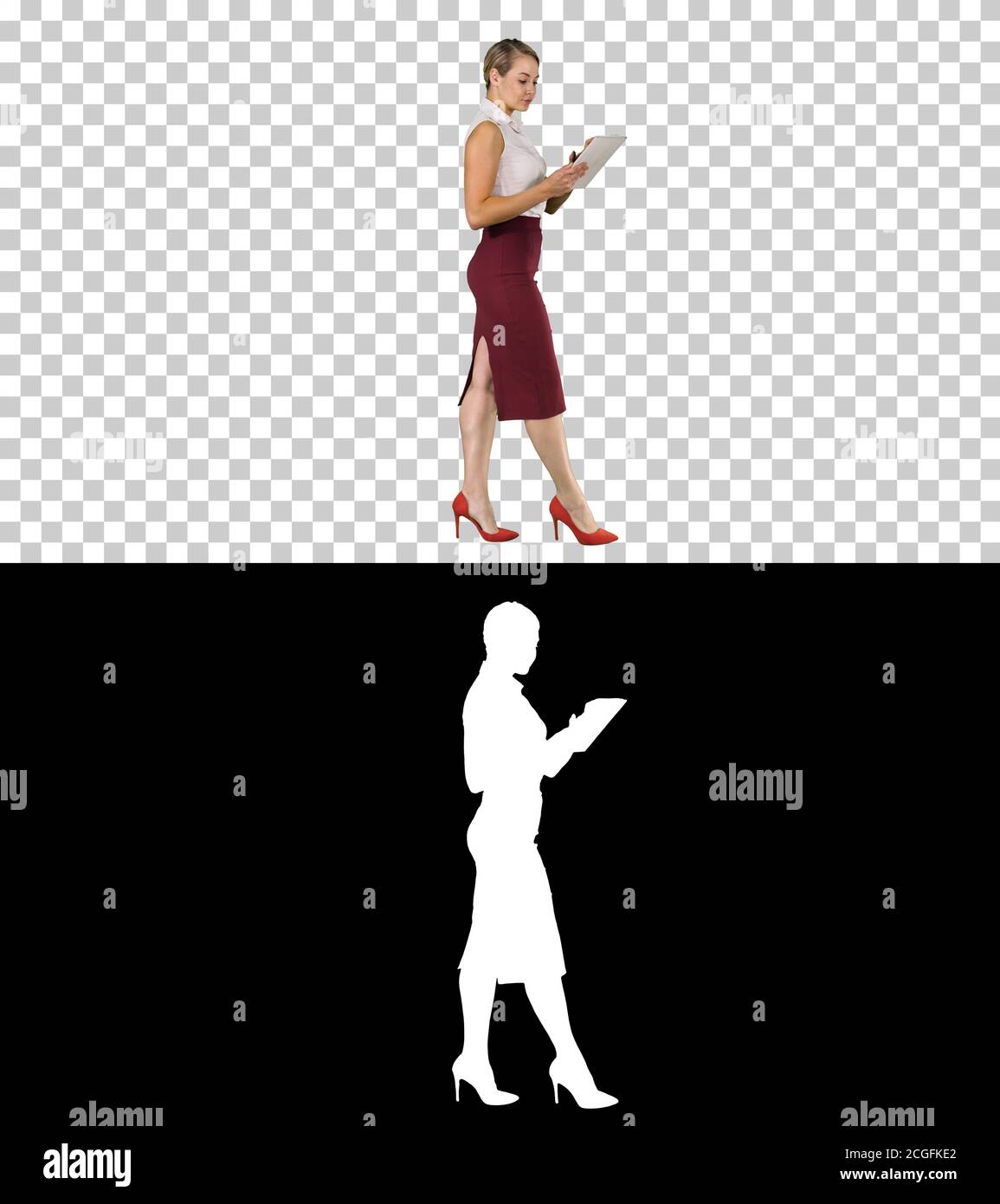 Geschäftsfrau mit elektronischem Tab Walking, Alpha Channel Stockfoto