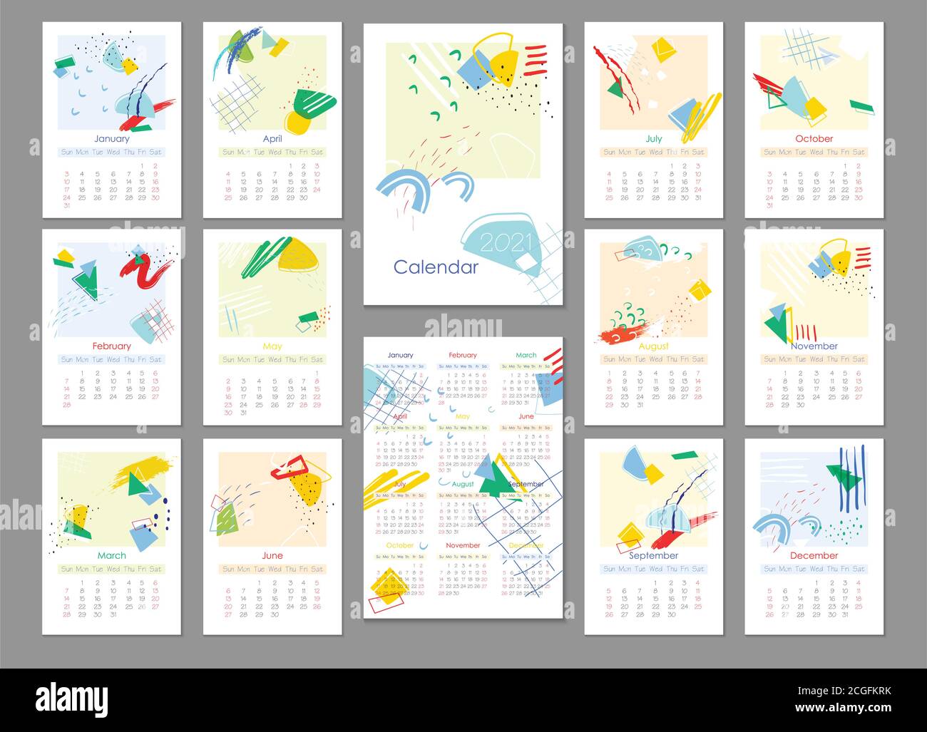 2021 Trendy Kalender-Design. Editierbare Kalenderseite Vorlage.Abstrakte künstlerische Vektor Illustration.Cute druckbare kreative Vorlage mit geometrischen Ele Stock Vektor