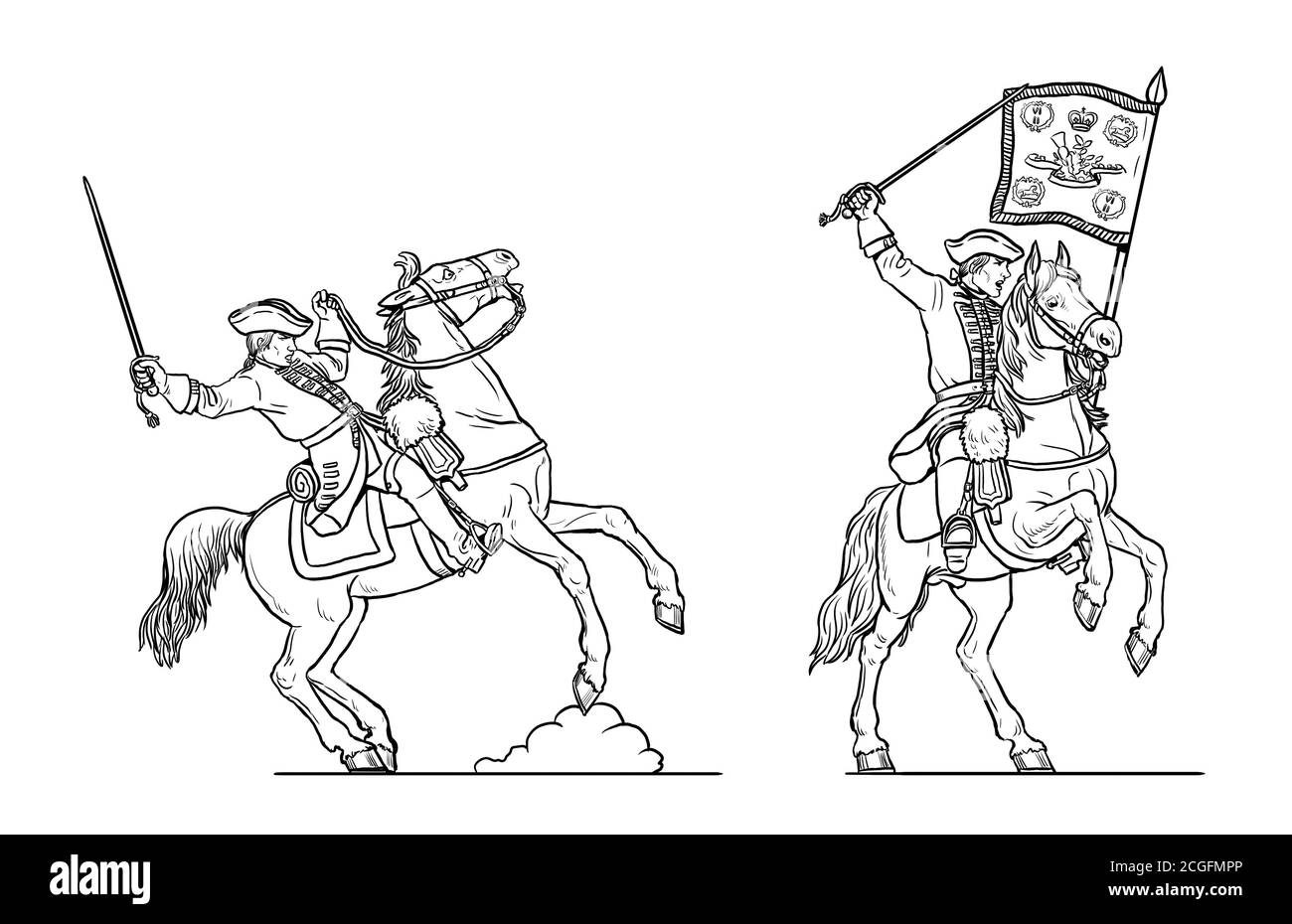 Kavallerie-Angriff. Englische Dragoner Zeichnung. Historische Zeichnung des Siebenjährigen Krieges. Stockfoto